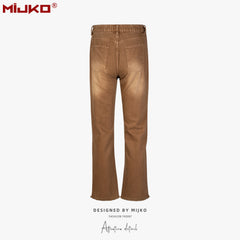MIJKO men's clothing women's autumn and winter urban cat whiskers elastic waist trousers men's and women's same washed white brown jeans