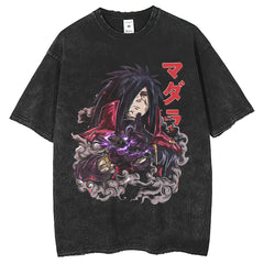 Men T Shirts Hokage Print T-Shirt Retro Old Washed Black