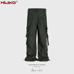 GGGard MIJKO style men's clothing women's high street crease pleated design trousers men's and women's same streamer can tie feet multi-bag casual trousers