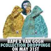 Van Gogh joint bape2025 American couple shark Japanese trendy brand wave sunflower pattern hooded sweater