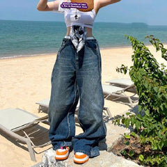 Men's Vintage Pants Men's Women's Wave Design Washed Old Blue Jeans MIJKO