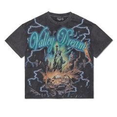 Street Unisex T-shirt Washed Old Oversize Hip Hop Skateboard Anime Print Short Sleeve