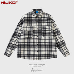 GGGard MIJKO series men's clothing women's plaid printing high street shirt men's and women's same arc hem shoulder three-color shirt multi-size