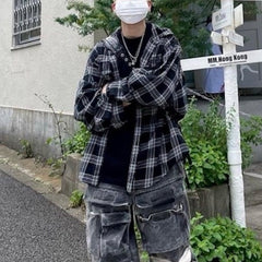 Mens Jacket Fake Two Piece Splicing Black and White Grid Jacket MIJKO