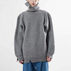 Mens Jacket Turtleneck Knitted Ripped Sweater MIJKO