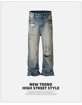MIJKO men's clothing women's high street straight-leg trousers trendy men's and women's same style neutral multi-tear ripped blue jeans multi-size