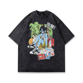 T-shirt pour Hommes Imprimé Dessin Animé Lavé et Usé à Manches Courtes pour Hommes et Femmes