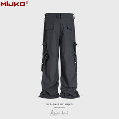GGGard MIJKO style men's clothing women's high street crease pleated design trousers men's and women's same streamer can tie feet multi-bag casual trousers