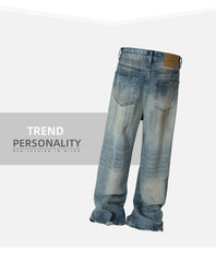 MIJKO men's clothing women's high street straight-leg trousers trendy men's and women's same style neutral multi-tear ripped blue jeans multi-size