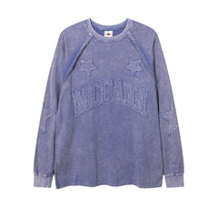 Men Long Sleeve T Shirt Old Washing Water Paste Cloth Embroidery Five-Pointed Star