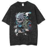 Men T Shirts Washing Water Old Kakashi White Ink Printing Loose Retro Short Sleeves