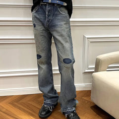Men Vintage Pants old dirty wash trousers men and women slightly wide-footed jeans tide MIJKO