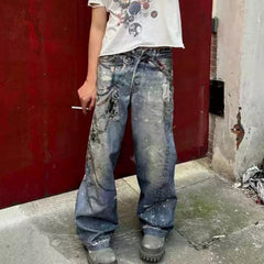 Men's Vintage Pants Men's Women's Straight Wash Water Milled White Trousers Jeans MIJKO