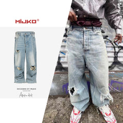 GGGard MIJKO series men's wear women's straight tube tear damage trousers men's and women's same Baggy knife cut silhouette ripped blue jeans
