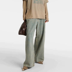 Men's Vintage Pants Men's and Women's Washed Faded Old Straight Denim Trousers MIJKO