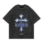 T-shirt Homme Lavé Délavé Imprimé Croix Manches Courtes Ample pour Homme