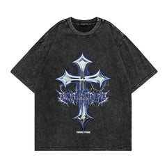 T-shirt Homme Lavé Délavé Imprimé Croix Manches Courtes Ample pour Homme