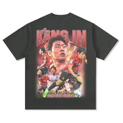 Mens Vintage Football T-Shirt Lee Kang In Printed Washed Old Short Sleeve T-Shirt