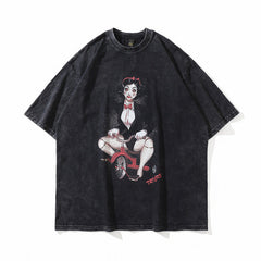 T-shirt homme à manches courtes imprimé dessin animé - T-shirt d'été décontracté délavé vieilli pour homme