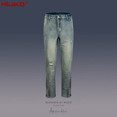 Mens Vintage Pants Slim Fit Wash Old Ripped Blue Jeans MIJKO