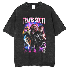 Mens T Shirts Travis Scott Printed Old T-Shirts Loose