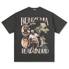 Men's Vintage Football T-Shirt benzema Short Sleeve T-Shirt Men's Summer Vintage Loose Loose Top Print