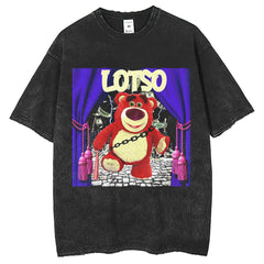 Mens T Shirts Strawberry Bear Print Wash Water Make Old T-Shirts Loose