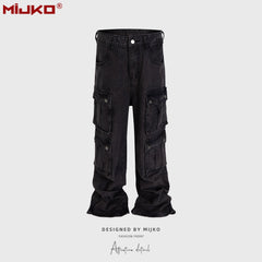 Mens Vintage Pants Multi-pocket Wide-foot Bootcut Jeans MIJKO