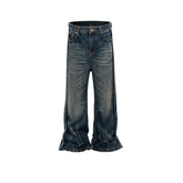 Men Vintage Pants Washed Textured Jeans Old Micro-horn Wide Foot Splicing MIJKO