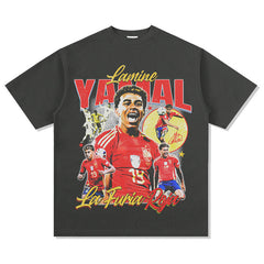Mens Vintage Football T-Shirt Vintage Yamal Printed Short Sleeve T-Shirt Washed Old Loose
