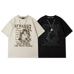 T-shirt pour Homme Imprimé Ange Vintage Manches Courtes Style Ins Couple Homme et Femme