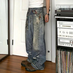 Men's Vintage Pants Men's Women's Straight Wash Water Milled White Trousers Jeans MIJKO