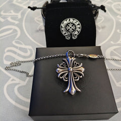 CH trendy brand Kro~ retro with diamond Thai silver cross explosive necklace men's and women's pendant classic sweater chain