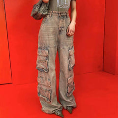 Mens Vintage Pants Multi Pocket Make Old Wide Leg Unisex Jeans MIJKO