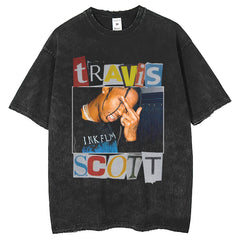 Mens T Shirts Travis Printed Washing Water Old T-Shirts Loose