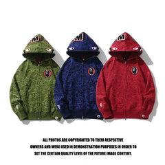 Trendy brand shark head sweater men's camouflage full print 30th anniversary pure cotton thin velvet hooded sweater hoodie