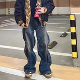 Men's Vintage Pants Men's Women's Wave Design Washed Old Blue Jeans MIJKO