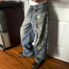 Men's Vintage Pants Men's Women's Straight Wash Water Milled White Trousers Jeans MIJKO