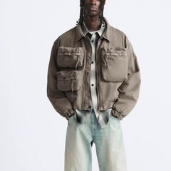 Mens Jacket Multi Pocket Lapel Zip Mainstream Fashion Jacket MIJKO