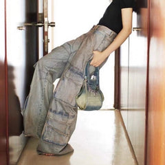 Mens Vintage Pants Multi Pocket Make Old Wide Leg Unisex Jeans MIJKO