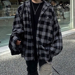 Mens Jacket Fake Two Piece Splicing Black and White Grid Jacket MIJKO