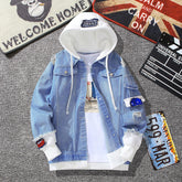 Varsity Men's Autumn Hooded Denim Jacket Baseball Jacket Versatile Casual Clothes Large Size Loose Men Denim Jacket