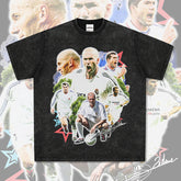 Mens Vintage Football T-Shirt Vintage Zidane Printed Short Sleeve T-Shirt Washed Crew Neck
