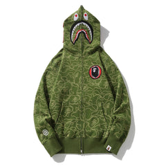 Trendy brand shark head sweater men's camouflage full print 30th anniversary pure cotton thin velvet hooded sweater hoodie