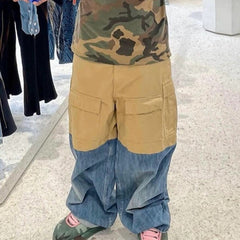 Men's Vintage Pants Men's Women's Spliced Denim Wide-Leg Overalls Bag Casual Pants MIJKO