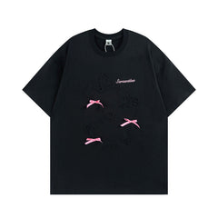 T-shirt homme à manches courtes avec nœud papillon en ruban de couleur contrastée pour couple