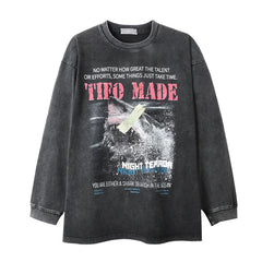T-shirt Homme Manches Longues Imprimé Grand Requin Blanc Effet Délavé et Usé Coupe Ample