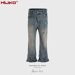 Mens Vintage Pants Distressed Blue Bootcut Jeans MIJKO