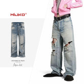 Men's clothing women's hole effect light-colored straight-leg jeans men's and women's same straight-leg washed old trousers blue