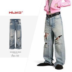 Men's clothing women's hole effect light-colored straight-leg jeans men's and women's same straight-leg washed old trousers blue
